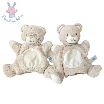 Lot de 2 Doudous marionnette Ours beige clair chiné et blanc TEX