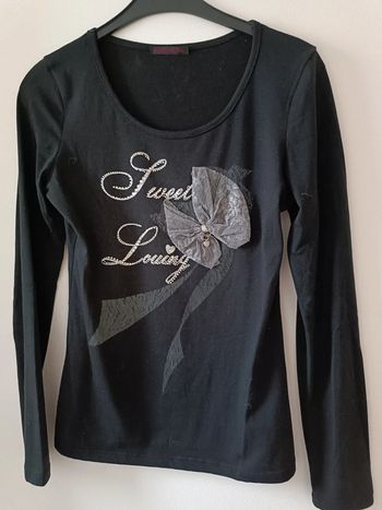 T-shirt manches longues noir et gris à strass - taille unique