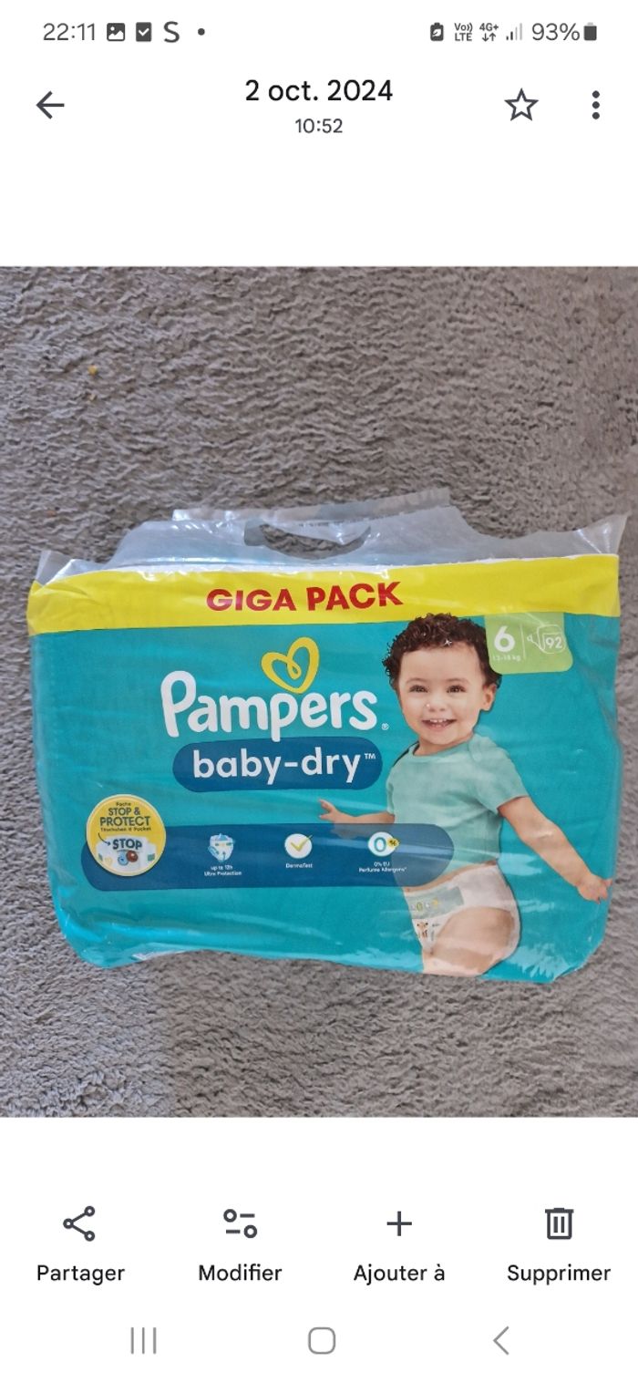 Giga pack 92 couches pampers taille 6