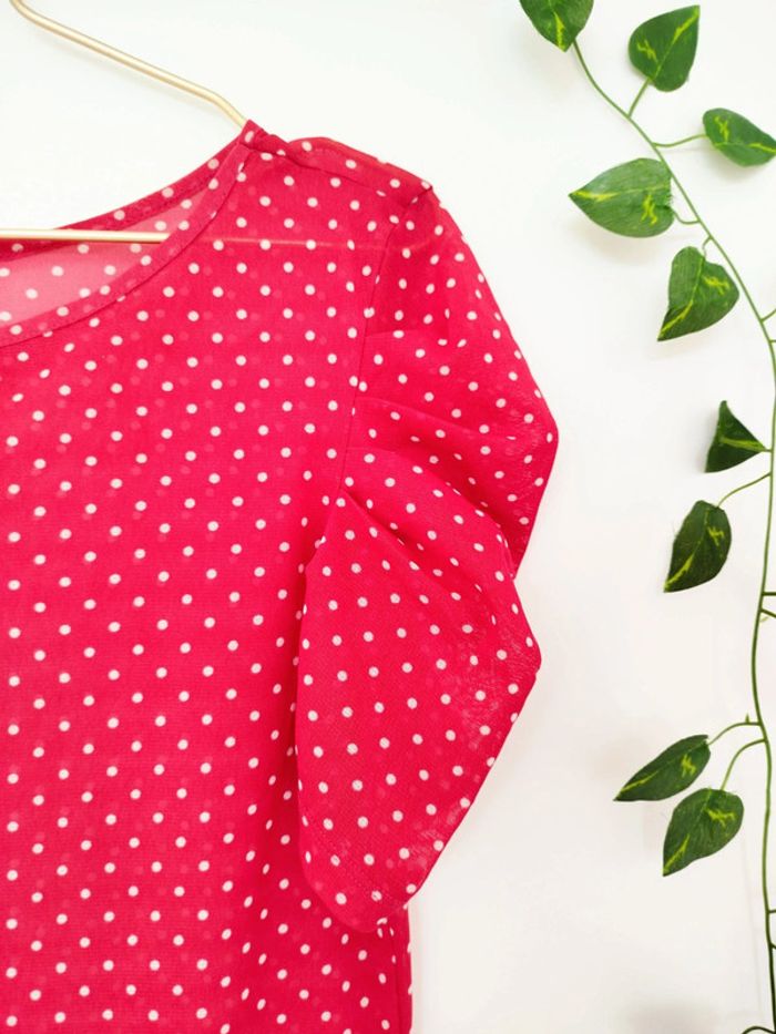 Tee-shirt femme Zara basic framboise/fushia à pois blancs taille L - photo numéro 2