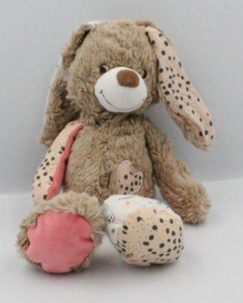 DOUDOU PELUCHE TAPE A L'OEIL LAPIN BEIGE ROSE BLANC COEUR