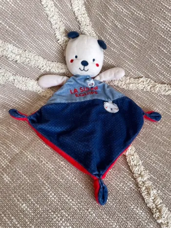 Peluche doudou plat 32cm mots d’enfants chien ours bleu et rouge très bon état