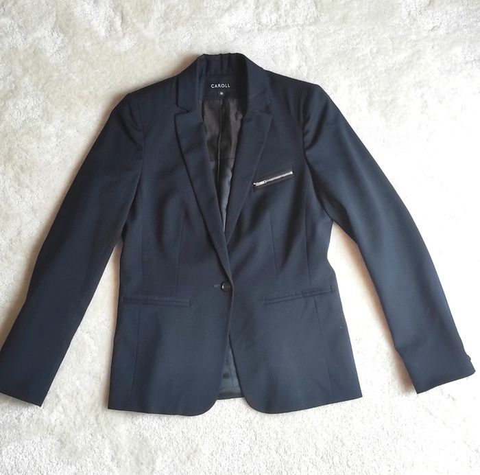 Veste Blazer Caroll bleu marine 38 un bouton poche zip laine, polyester et élasthanne - photo numéro 5
