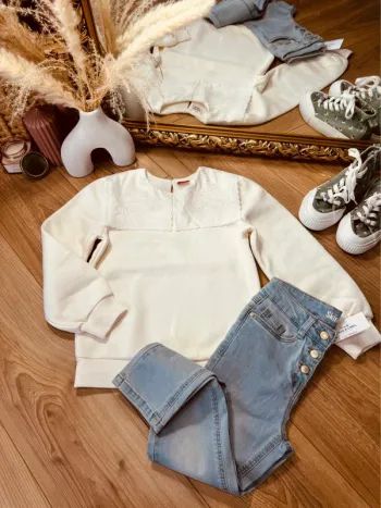 Taille 8 ans tenue 2 pièces fille TAO blanche bleu jean Neuf * col brodé * 🍂