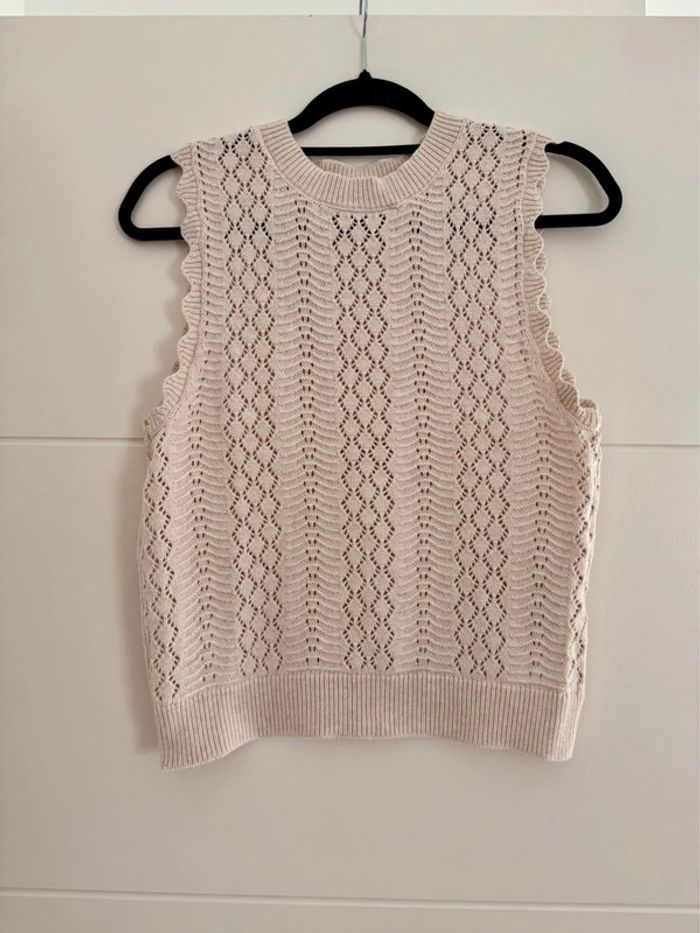 Ensemble maille tricot beige broderie pantalon top sans manches beige crème été coton M L - photo numéro 4