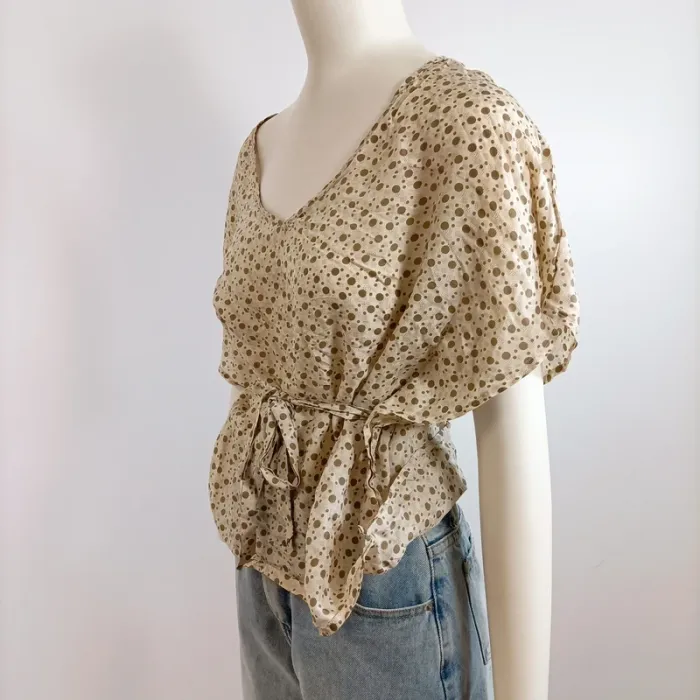 Haut fluide Somewhere imprimé pois beige noué à la taille, col V, T40 A1577 - photo numéro 6