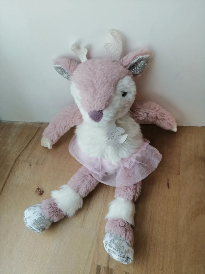 Doudou faon Eléa rose blanc les petits twist 26 cm histoire d'ours