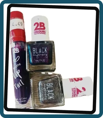 Lot de 2 vernis à ongles pailleté 2B Couleur Argent et Violet+ Encre à lèvres 2B couleur aubergine
