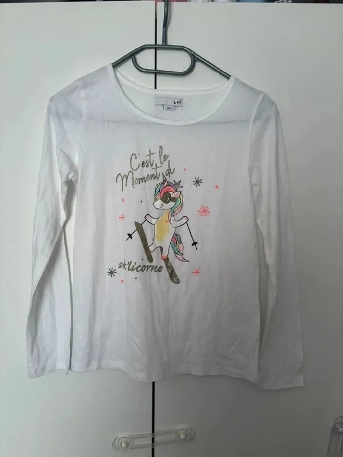 T-shirt blanc manche longue licorne 10/12 ans