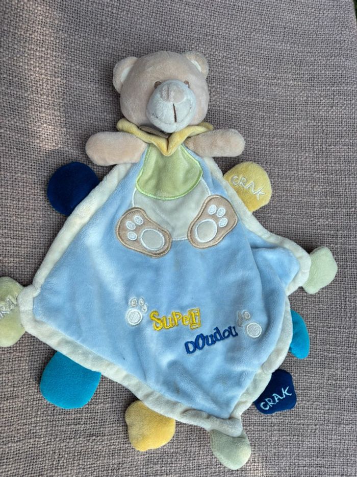 Grand super doudou bleu et vert ours beige, baby nat