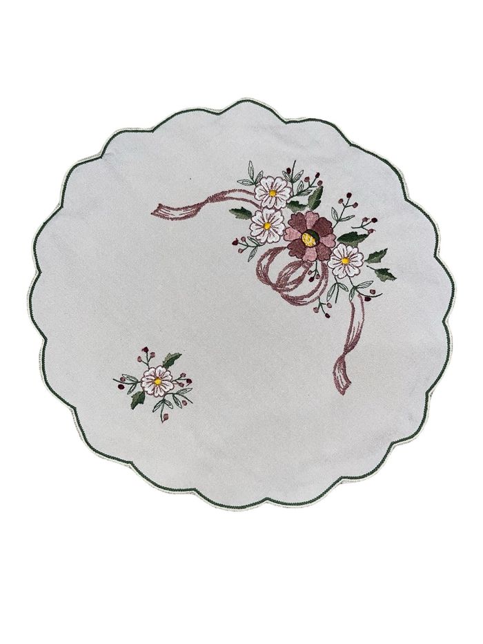 Napperon rond brodé – Blanc écru – 28 cm Neuf