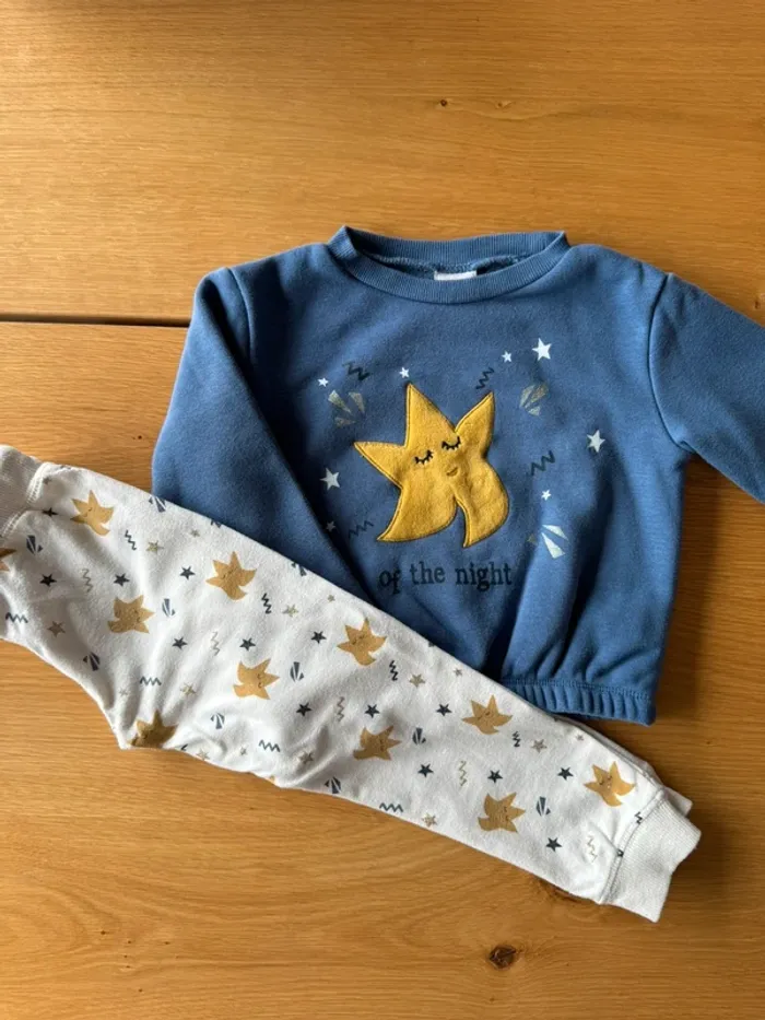 Pyjama molleton et coton 2 pièces ML bleu/blanc avec étoile - Taille 4 Ans - photo numéro 2