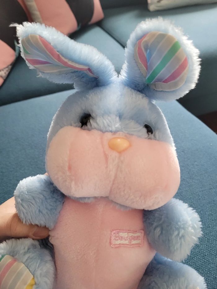 RARE Gros Lapin Bleu rose multicolore Boulgom rayures rayé tissu 26cm peluche doudou France - photo numéro 2