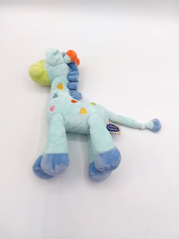 Peluche girafe bleu ancien modèle MOTS D’ENFANTS Siplec vert orange 23 cm sos doudou vintage Leclerc