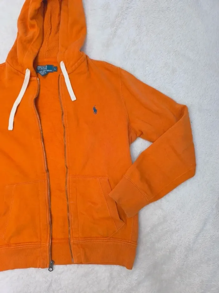 Sweat à capuche zippé Polo Ralph Lauren homme taille L orange manche tachée - photo numéro 6