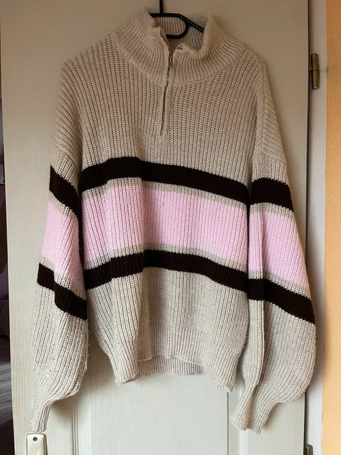 Pull col camionneur rayé tricolore beige - photo numéro 6