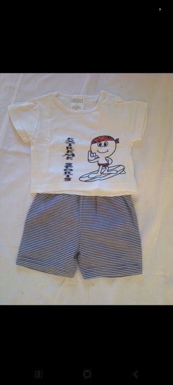 Ensemble été garçon short rayé bleu et blanc et tee-shirt blanc 6 mois
