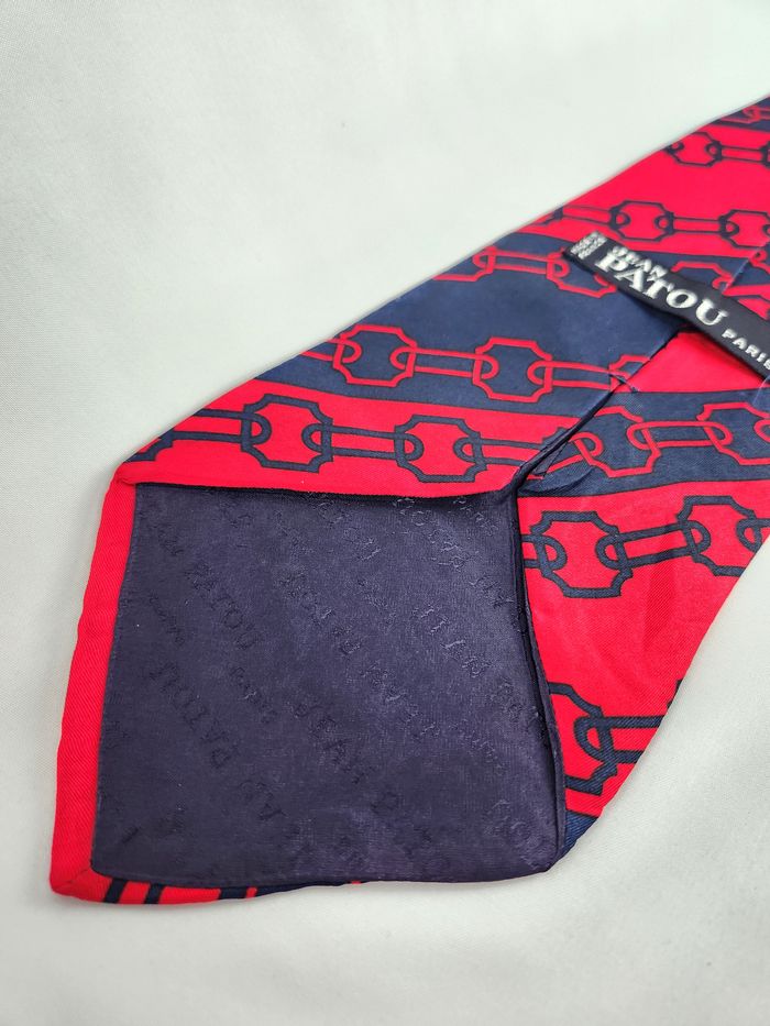 Cravate Jean Patou Soie Homme Rouge Marine Chaîne Maillons Motif Luxe Vintage - photo numéro 4
