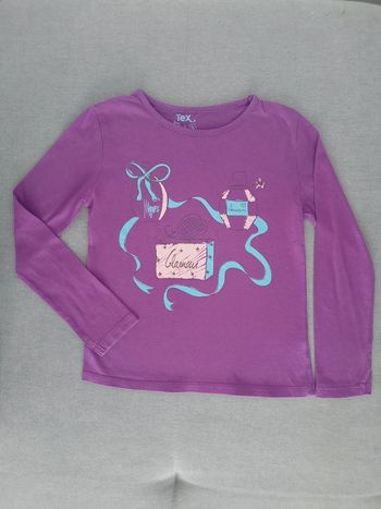 T-shirt manches longues 5 ans Tex violet motifs bouteilles de parfums et rubans turquoise et rose