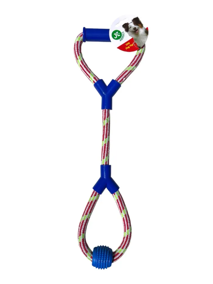 Jouet pour chien JK Animals corde tressée tricolore+balle caoutchouc bleue raccords plastique 48 cm