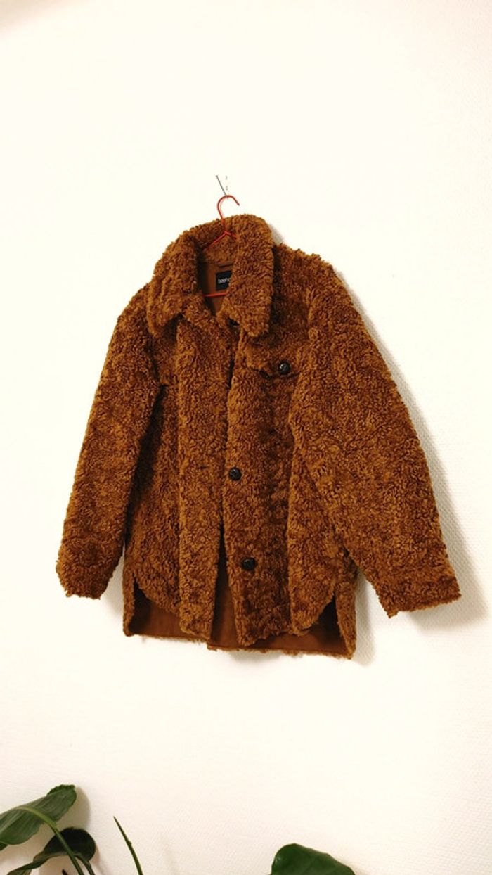 Manteau veste tendance faux shearling teddy bouclé marron brun découpe originale fente - photo numéro 2