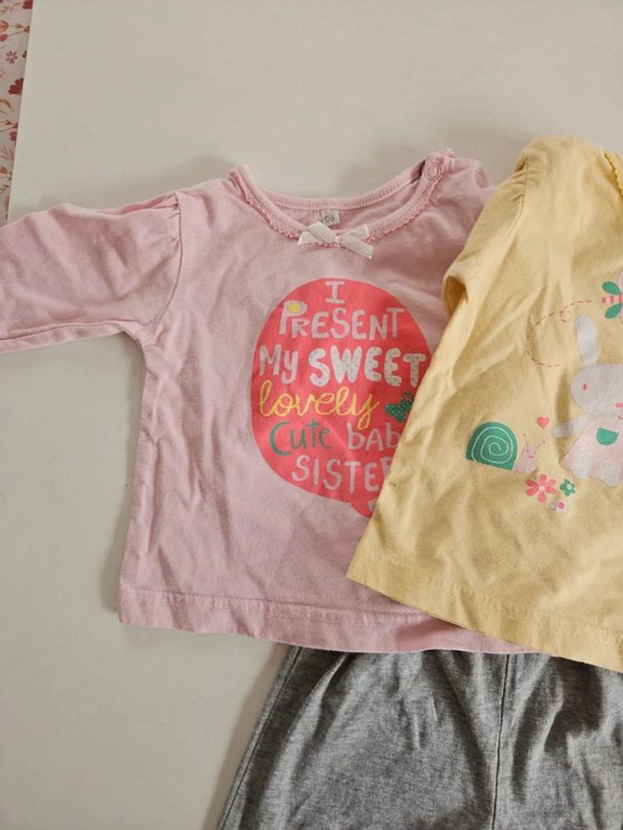 lot pantalon fille gris taille 6 mois + 2 pull manche rose et jaune - photo numéro 3