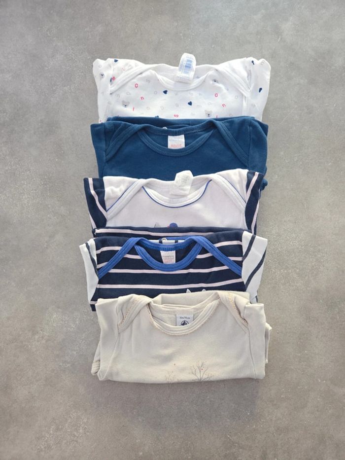 Lot 5 bodies fille manche longue bleu blanc beige motif T36mois-3ans TBE absorba petit bateau