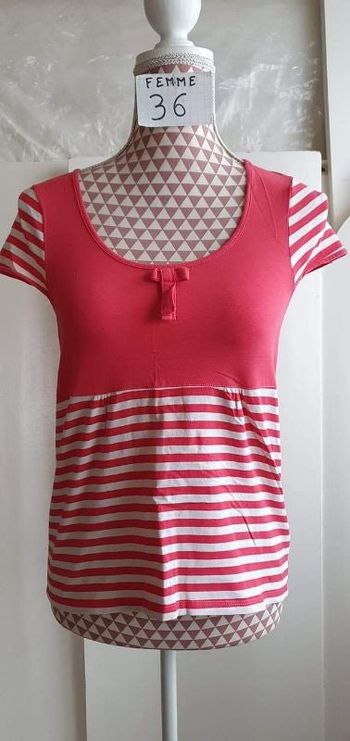 Tee-shirt, blanc à rayures rose foncé, coton et elasthanne, en très très bon état, marque Dim =4€