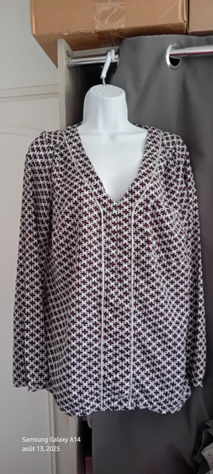 Blouse fluide manches longues col V motif fleurs liseré argenté noir femme L m&s mode - photo numéro 9