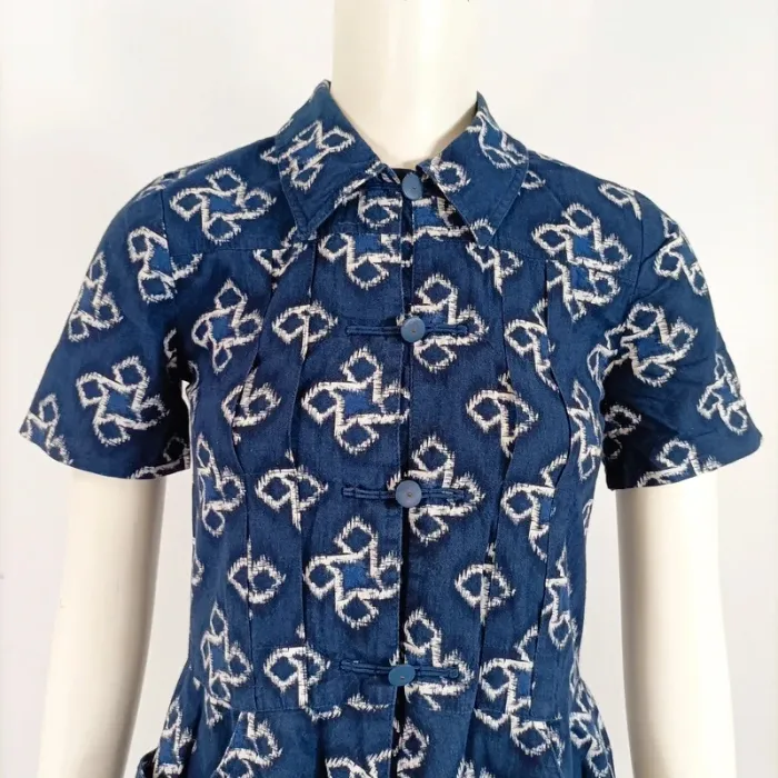 Robe Chattawak en coton bleu indigo à motifs blancs - Taille 12 ans - 100% coton - A663 - photo numéro 2