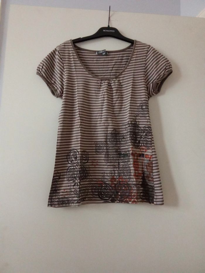 T-shirt rayé beige marron à motif - Clara Vitti - Taille 38/40 M/L