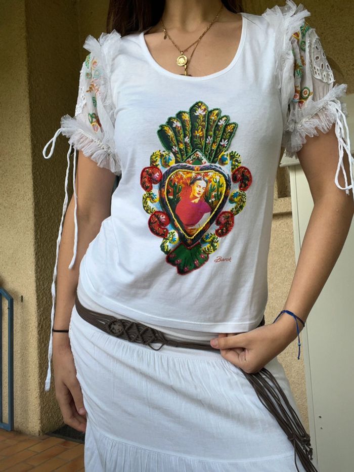 Tee-shirt coquette à sequins Ibiza bohème champêtre barok hippie vintage Frida Kahlo neuf