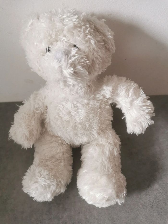 Peluche doudou ours nounours blanc pull khimo beige - photo numéro 3