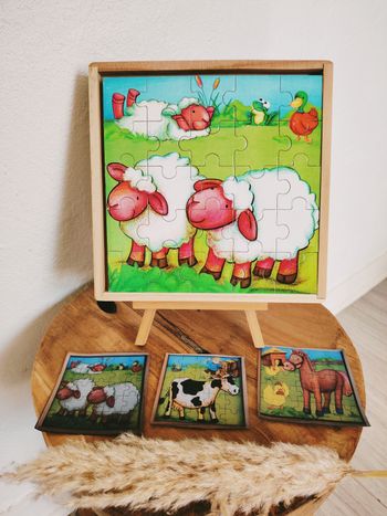 👶Puzzles 3 en 1  animaux à la campagne en bois marque Gerardo Toys