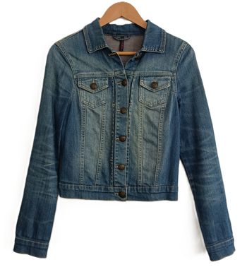 Veste en jean bleu effet délavé. FPC. Coton. Elasthanne. Taille S