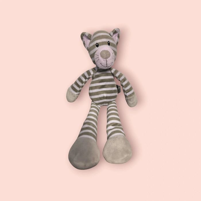 Doudou peluche tigre chat gris rayé violet Carrefour