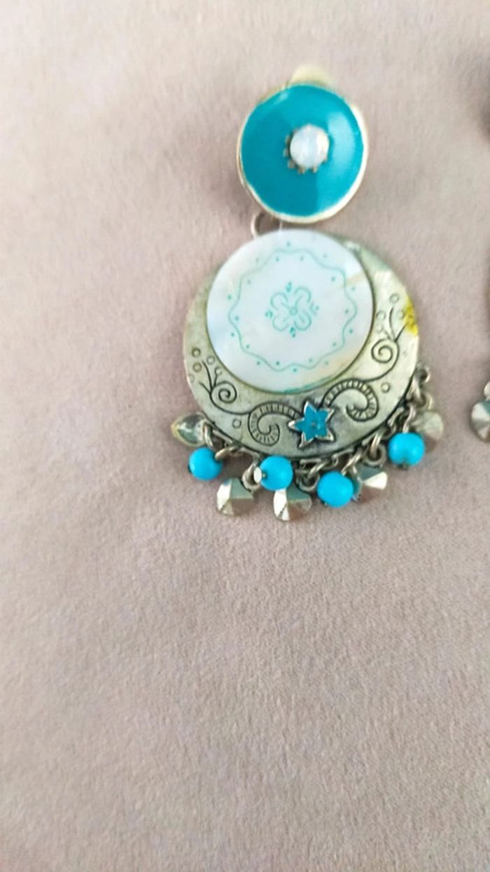 Boucles d’oreilles orientalisant et pampilles bleu turquoise vintage à clip - Collection Brume Bleue - photo numéro 3