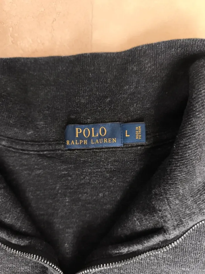 Pull quart zip camionneur gris foncé logo vert Ralph Lauren homme L excellent état - photo numéro 6