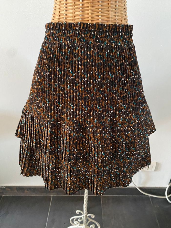 Jupe Promod plissée marron noire crème et bleu à volants taille 38 - photo numéro 4
