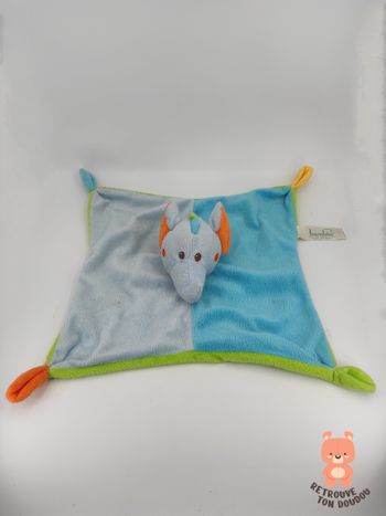 Doudou Plat Eléphant Bleu Vert Bambia