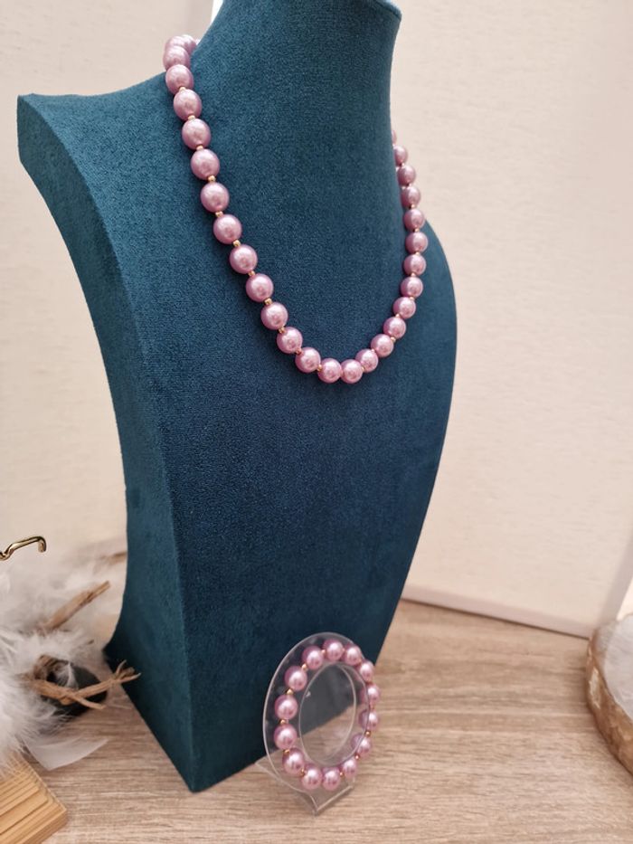 Parure Collier Bracelet De Perles Rose Lila Doré - photo numéro 5