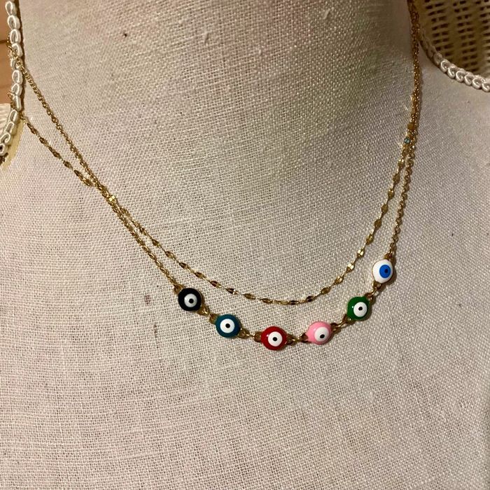 Collier 2 rangs acier inoxydable or oeils résine couleurs - photo numéro 2