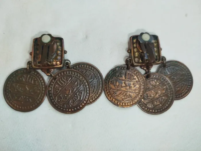 Boucle d'oreille Gas - pièce pampilles monnaies - Bronze, rouge et orange, - photo numéro 3