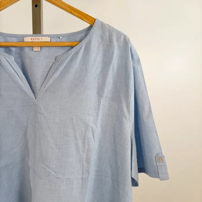 Blouse Esprit bleu clair col V manches retroussables 100 % coton taille 44 A1336 - photo numéro 3