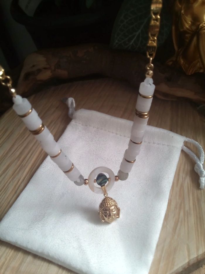 Collier labradorite jade blanche boudha - photo numéro 6