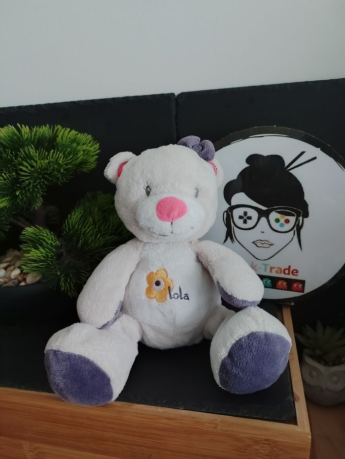 doudou peluche ours Lola bebisol fleur beige crème blanc violet rose jaune