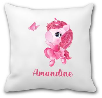 Coussin personnalisé enfant licorne ballerine – Prénom au choix – Rentrée scolaire maternelle – Housse + garniture 40x40 cm – Déco chambre fille rose