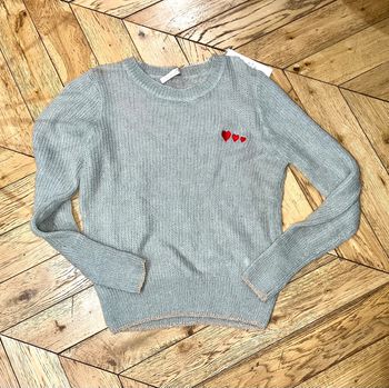Pull fin laine neuf étiqueté 3 motifs cœurs rouge gris paillette femme T.U 36 38 40