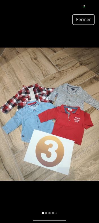 Lot 3 chemises dont une molletonné style sherpa 
Et 1 polo rouge
Parfait état 
Taille 3 mois 59-60cm 
marque orchestra sergent major Kiabi tape à l'oeil