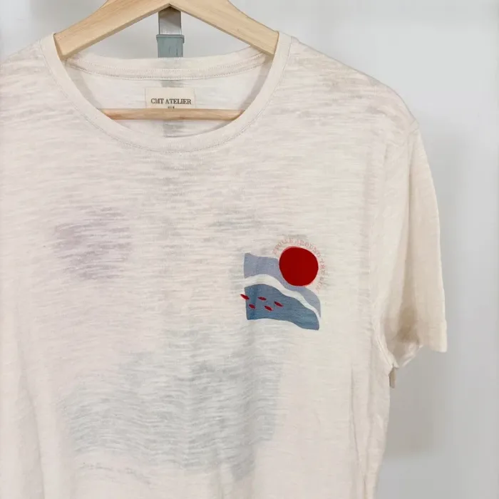 T-shirt blanc effet chiné imprimé Baliha Beach neuf Taille M CMT Atelier A412 - photo numéro 3